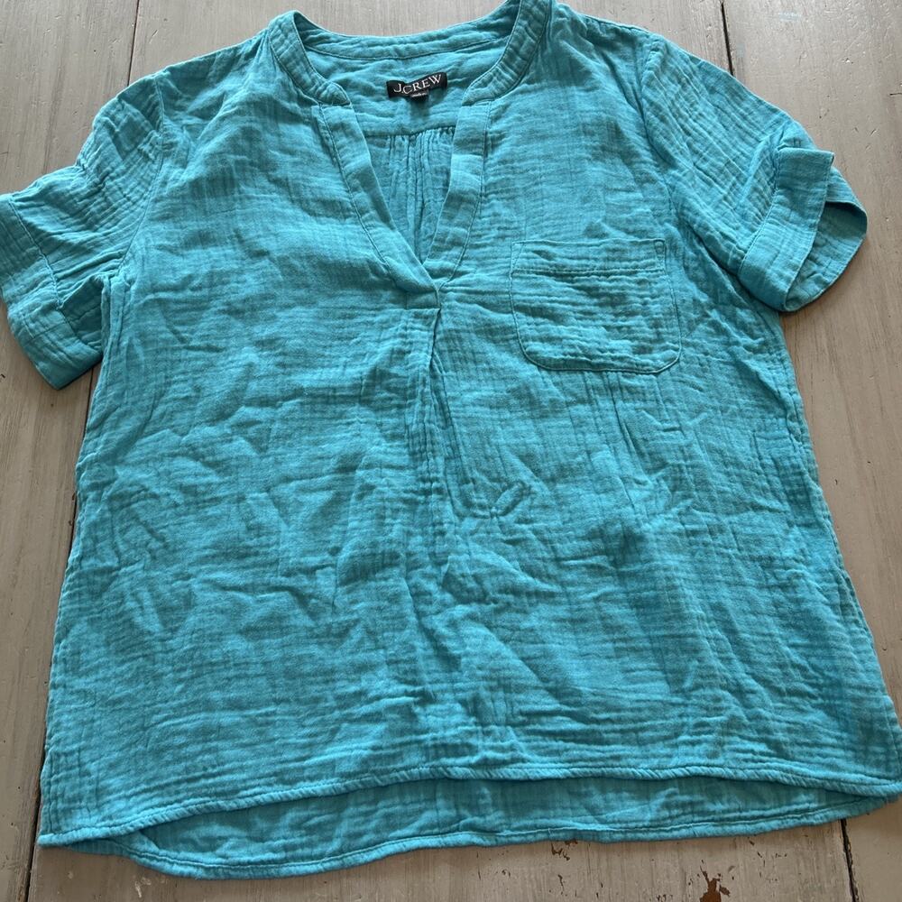 J Crew Teal Cotton Popover Shirt Women’s Sz S Coastal Beachy Preppy